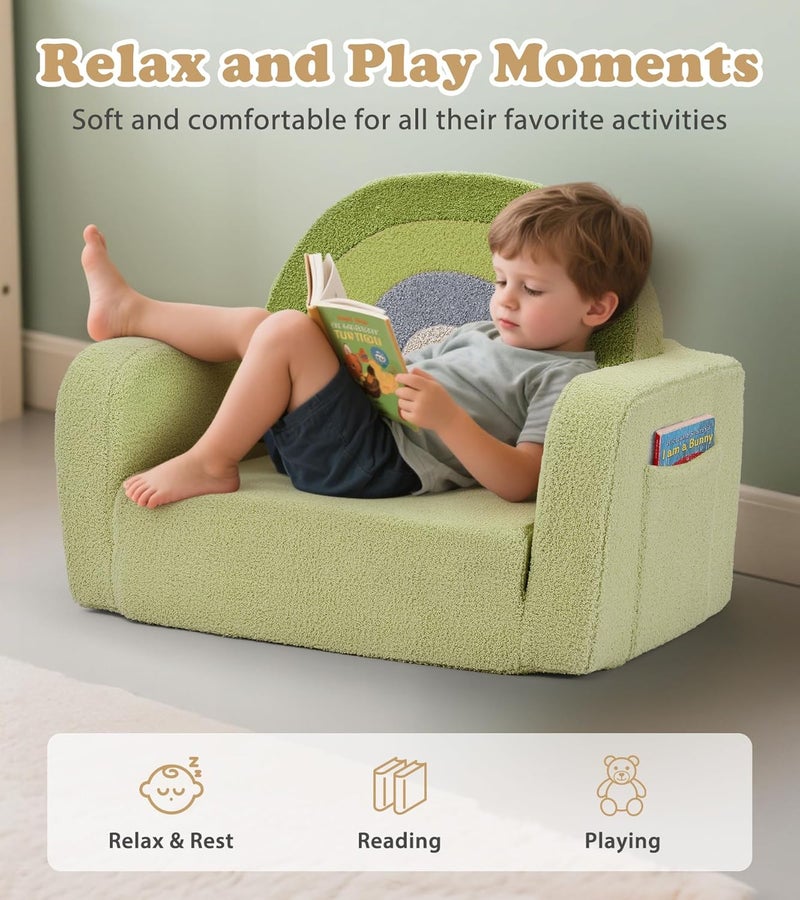 Foryoomi Kids Couch, 2-in-1 Soft Toddler Couch Fold Out with Blanket, Comfy Toddler Chair, Convertible Sofa, Gifts for Kids Girl Boys, Medium Green Rainbow - Image 4